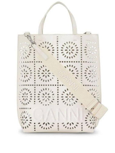 Banner Logo Perforated Medium Leather Tote Bag White - GANNI - BALAAN 1