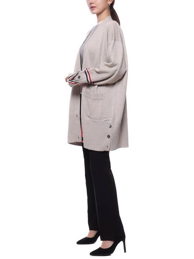 Merino Wool Stripe Exaggerated V-Neck Cardigan Neutrals - THOM BROWNE - BALAAN 5