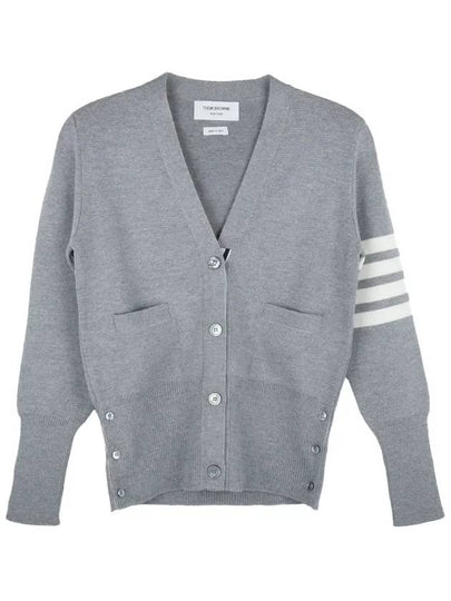 Milano Stitch 4 Bar Classic V Neck Fine Merino Wool Cardigan Grey - THOM BROWNE - BALAAN 2