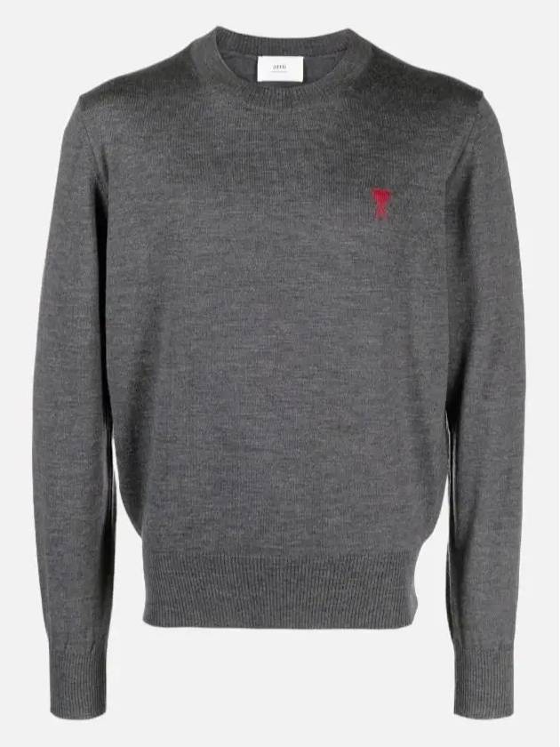 Heart Embroidered Logo Crew Neck Knit Top Heather Grey - AMI - BALAAN 3