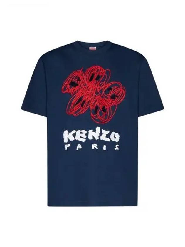 Drawn Varsity Embroidered Classic Cotton T-Shirt Midnight Blue - KENZO - BALAAN 2