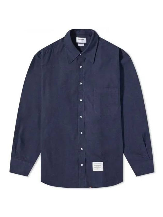 Back Stripe Oversize Cotton Flannel Long Sleeve Shirt Navy - THOM BROWNE - BALAAN 1