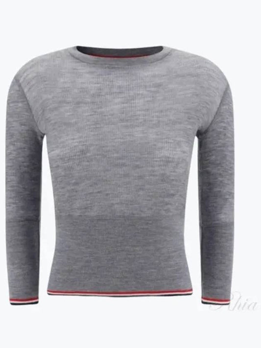 Women's Wool Rib 3/4 Sleeve Crew Neck Pullover Knit Top Light Gray - THOM BROWNE - BALAAN 2