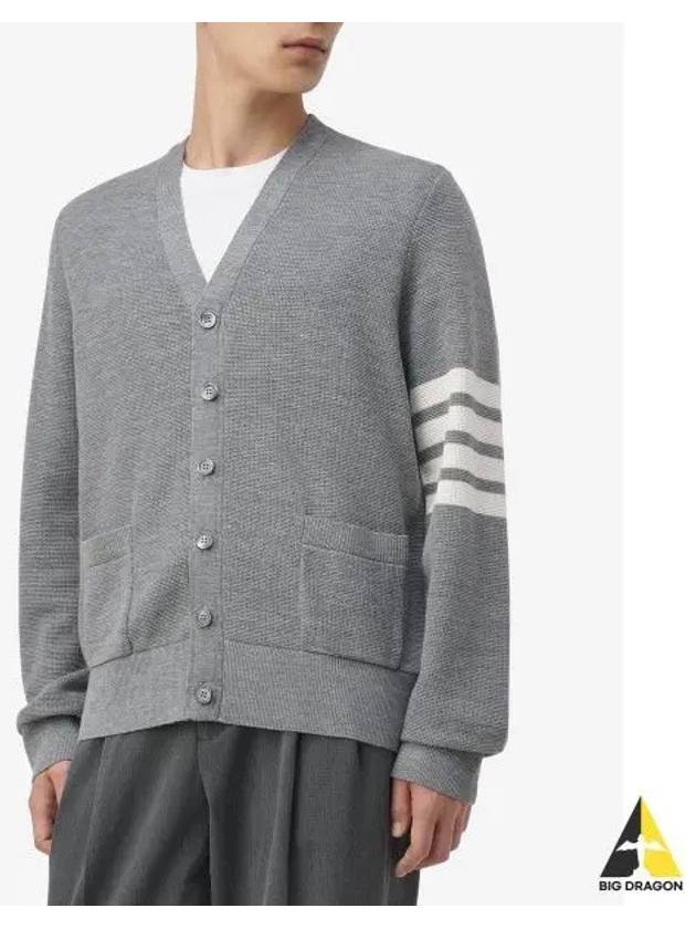 4-Bar Striped Waffle High V-Neck Cardigan Light Grey - THOM BROWNE - BALAAN 2