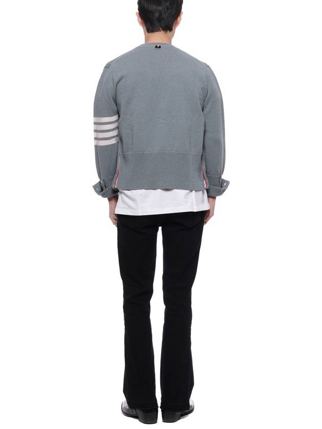 Men's Diagonal Stripe Stitch Classic Shetland Wool V-Neck Cardigan Blue - THOM BROWNE - BALAAN 6