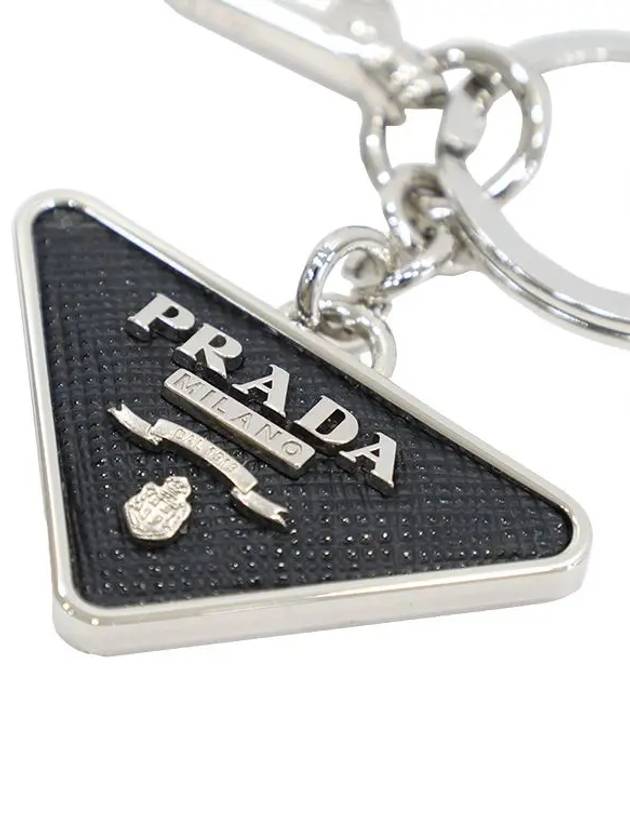 Saffiano Leather Triangle Logo Metal Keychain Black Silver - PRADA - BALAAN 3