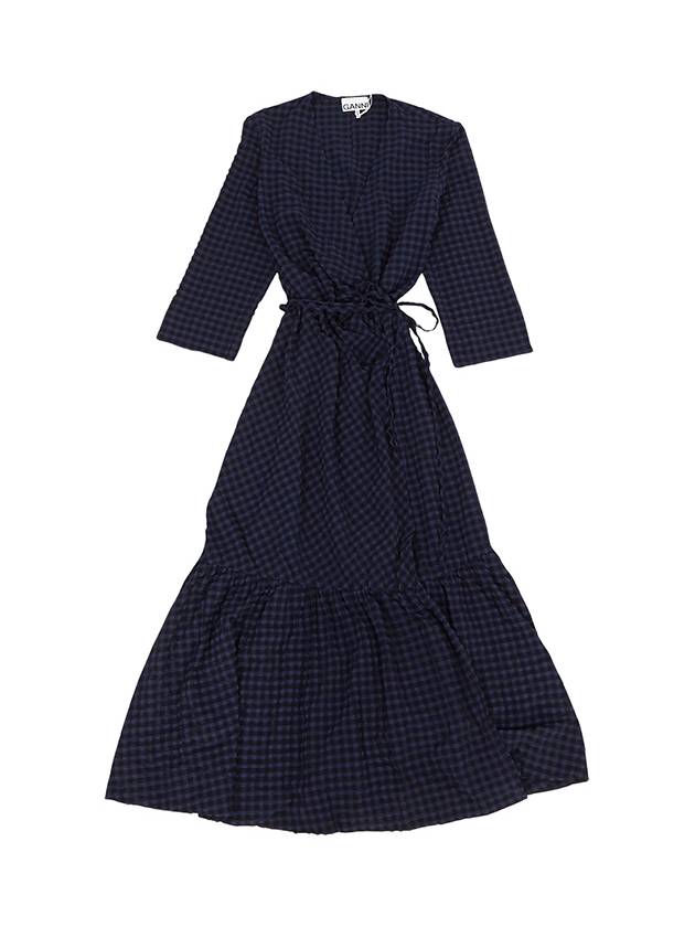 Checkered Seersucker Gathered Wrap Midi Dress Deep Cobalt - GANNI - BALAAN 2