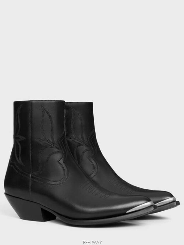 Leon Metal Toe Shiny Calfskin Zipped Ankle Boot Black - CELINE - BALAAN 3