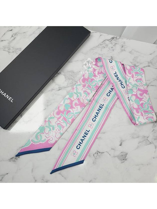 CC Logo Flower Pattern Print Silk Slim Bandeau Twilly Petite Scarf Pink AA8141 - CHANEL - BALAAN 2