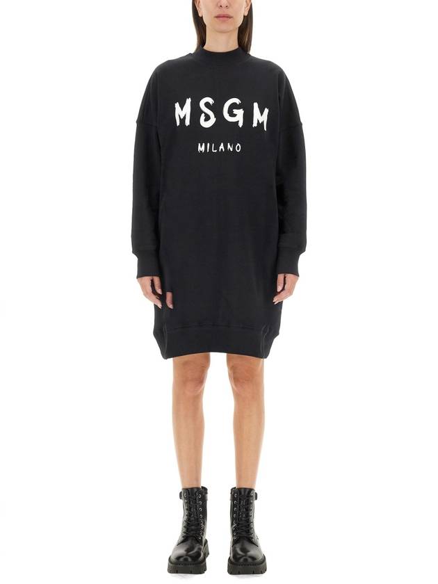 Milano Brushed Logo Print Long Sleeve Short Dress Black - MSGM - BALAAN 2