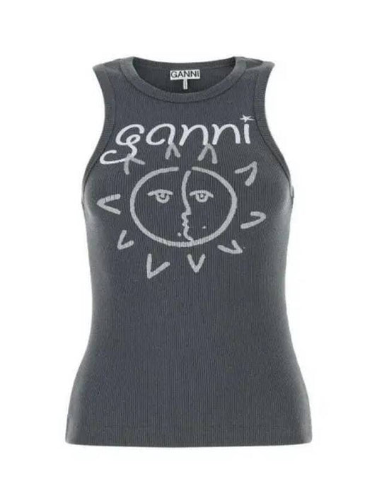 Sun Graphic Print Ribbed Sleeveless Grey - GANNI - BALAAN 2