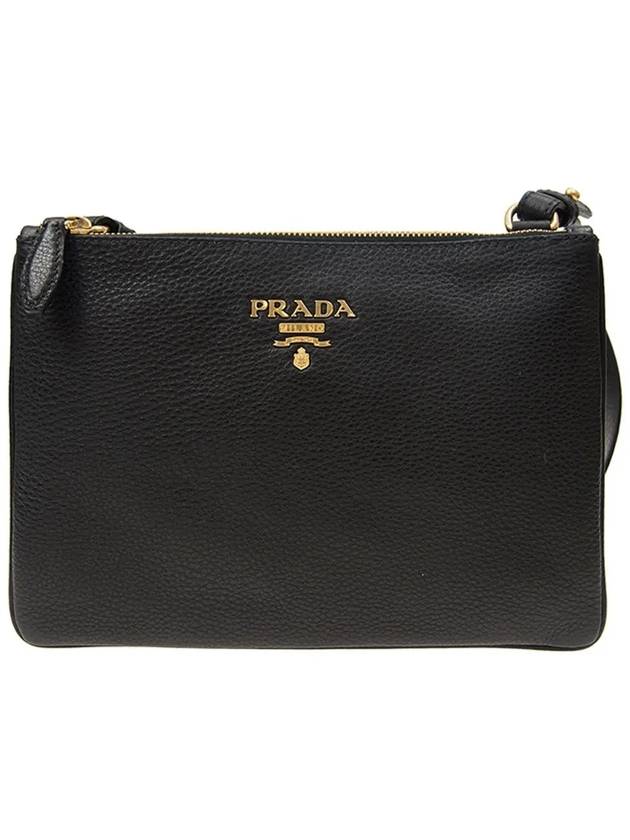 Double Zipper Gold Logo Vitello Cross Bag Black - PRADA - BALAAN 2