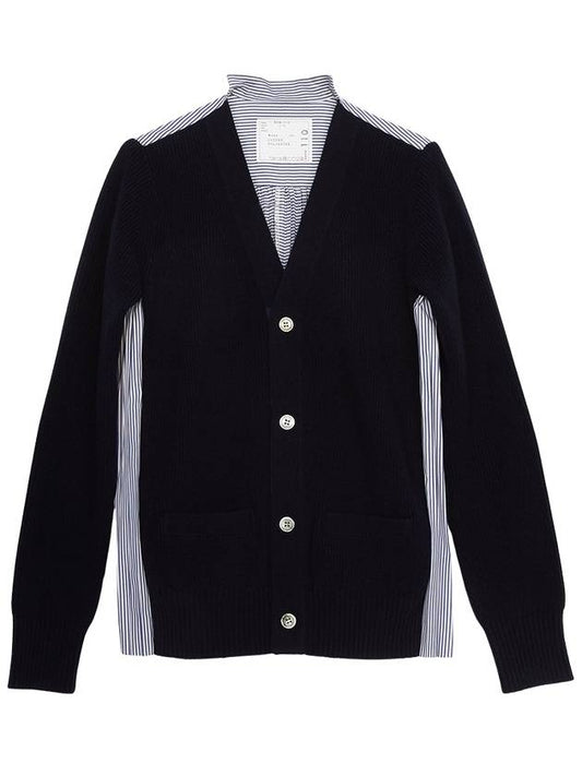 V-neck Pleated Panel Wool Knit Cardigan Navy - SACAI - BALAAN 2