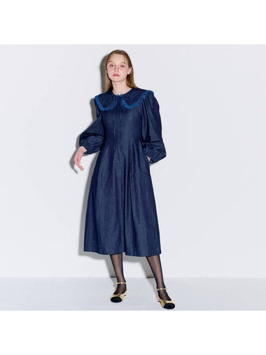 Sailor Collar Flare Long Denim Dress Dark Indigo - OPENING SUNSHINE - BALAAN 1