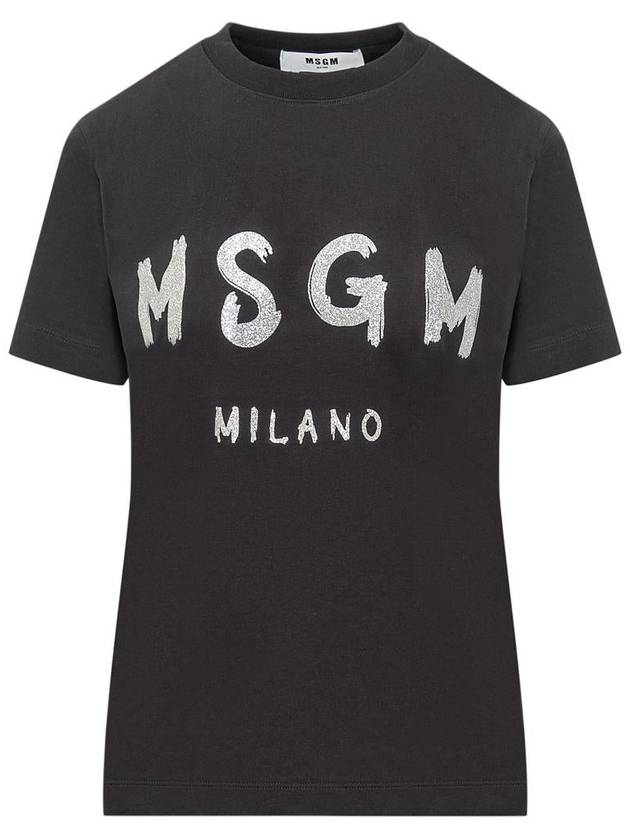 Glitter Logo Crewneck Short Sleeve T Shirt Black - MSGM - BALAAN 2