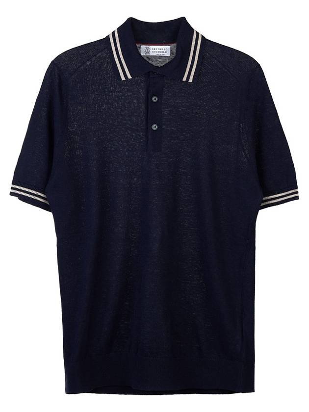 Striped Edge Linen Cotton Blend Polo Shirt Navy - BRUNELLO CUCINELLI - BALAAN 10