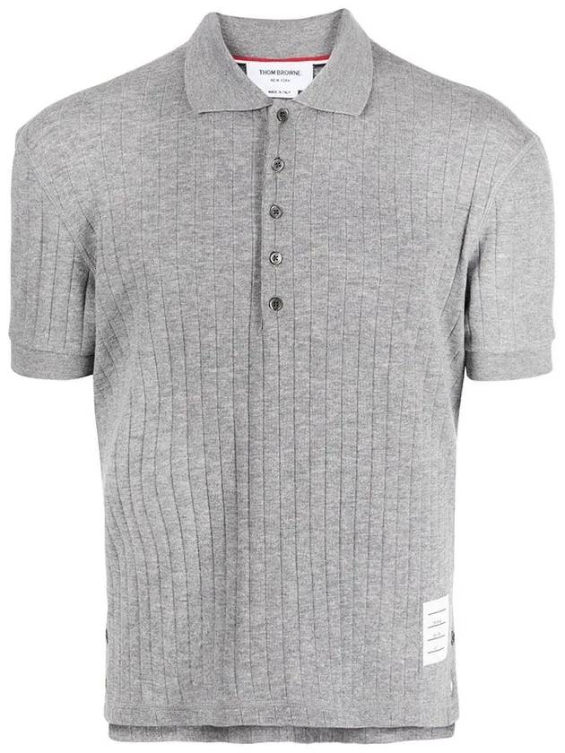 RWB Button Ribbed Polo Wool Knit Top Grey - THOM BROWNE - BALAAN 3