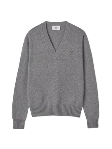 Men's Heart Logo V-Neck Cashmere Knit Top Grey - AMI - BALAAN 1