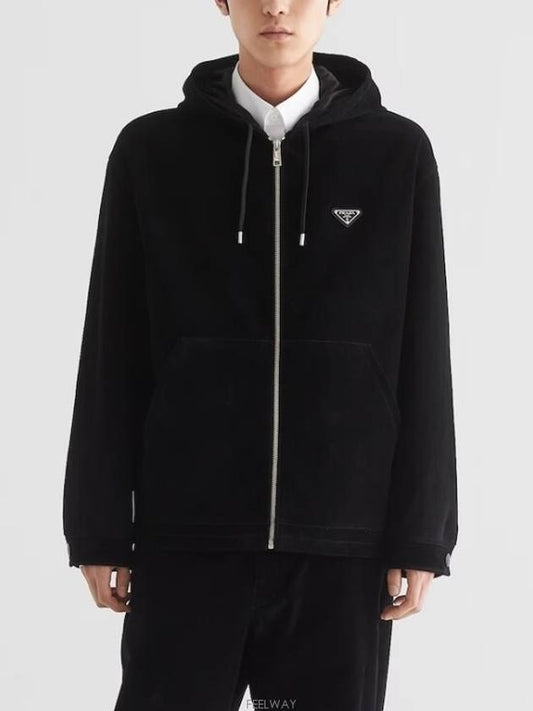 Triangle Logo Cotton Velvet Zip Up Hoodie Black - PRADA - BALAAN 1