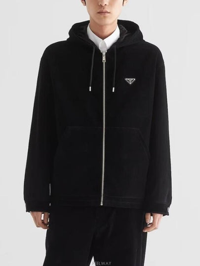 Triangle Logo Cotton Velvet Zip Up Hoodie Black - PRADA - BALAAN 2