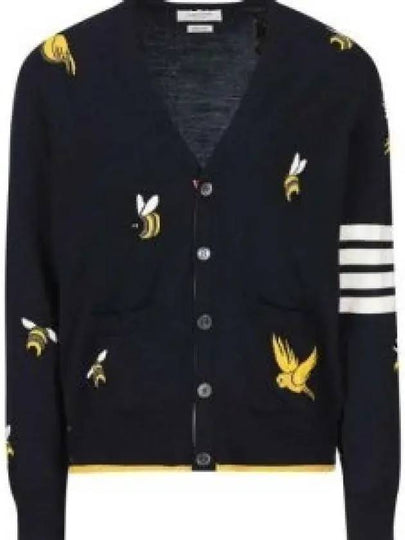 Men's Merino Bird Bee 4 Bar V-Neck Merino Cotton Cardigan Navy - THOM BROWNE - BALAAN 2