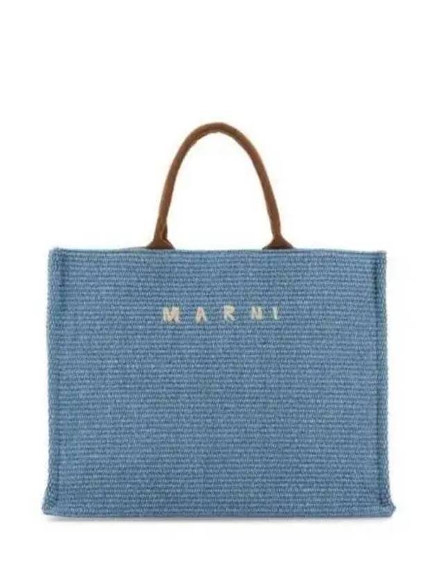 Embroidered Logo Raffia Tote Bag Light Blue - MARNI - BALAAN 2