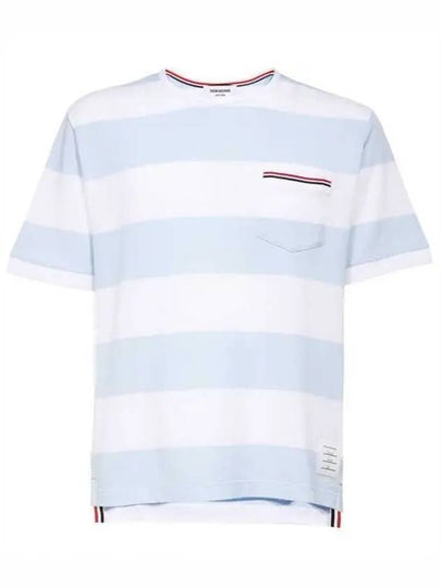 Men's Rugby Striped Pick Pocket Short Sleeve T-Shirt Light Blue White - THOM BROWNE - BALAAN 2