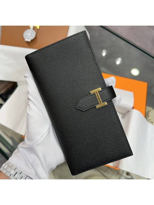 Wallet Absong Calfskin Bean Black Long - HERMES - BALAAN 1