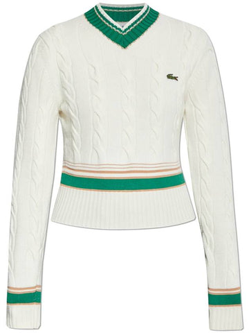 Lacoste Wool Sweater With Logo, Women's, Cream - LACOSTE - BALAAN 1