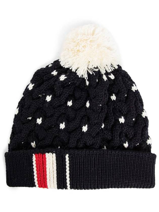 RWB Pompom Detail Virgin Wool Beanie Navy - THOM BROWNE - BALAAN 2