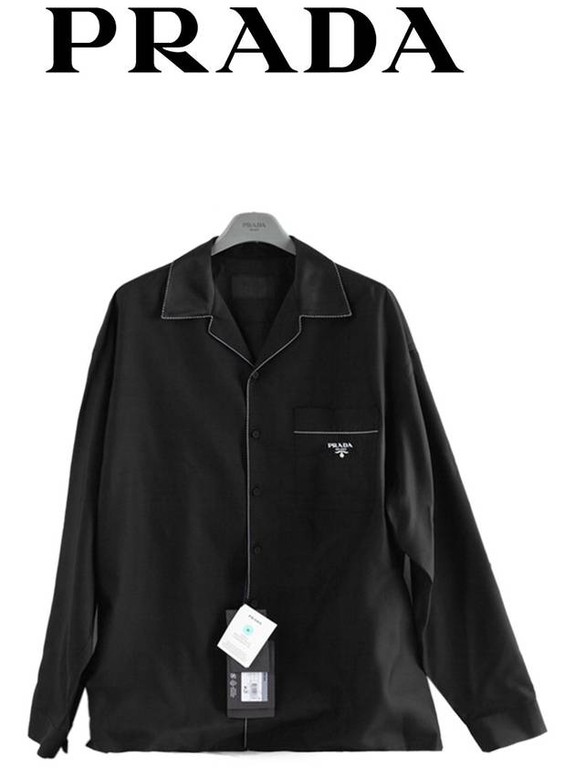 Embroidered Logo Pocket Silk Long Sleeve Shirt Black - PRADA - BALAAN 4