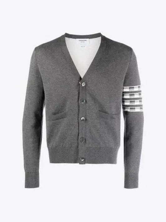 4-Bar V-Neck Hector Jacquard Cotton Cardigan Grey - THOM BROWNE - BALAAN 2