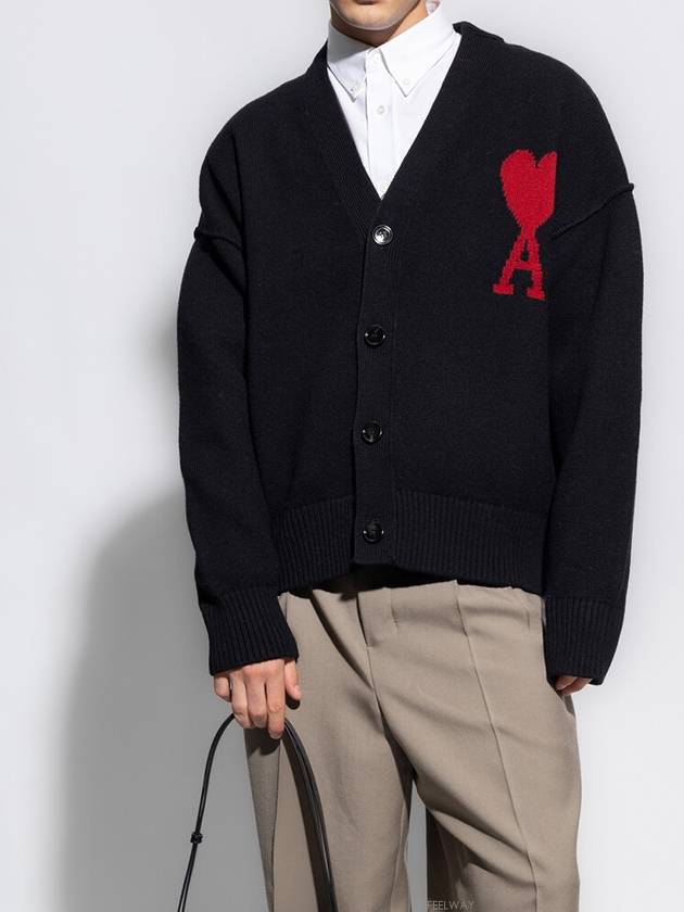 Heart Logo V Neck Wool Cardigan Black - AMI - BALAAN 3