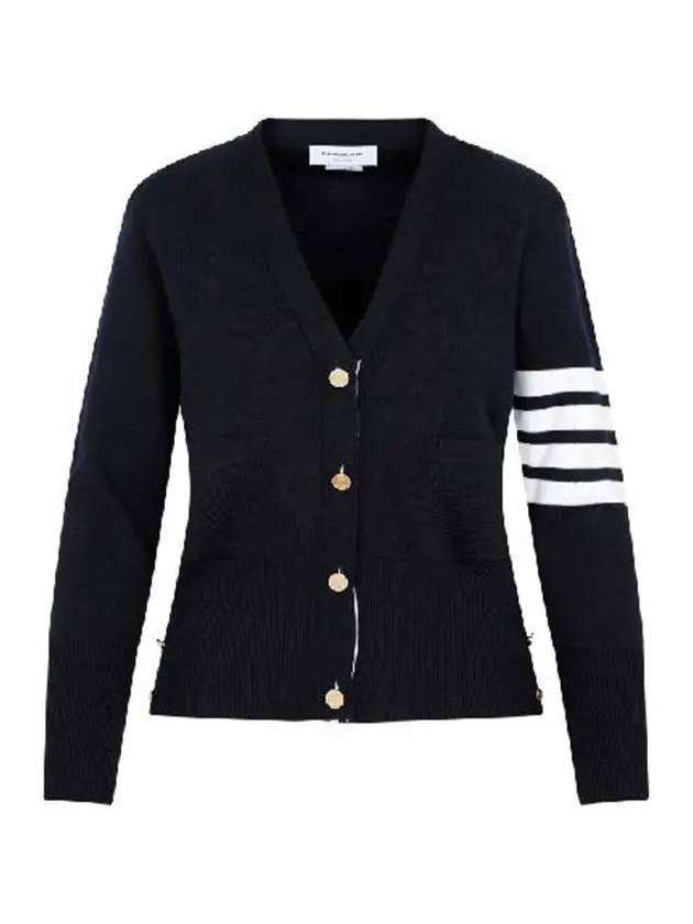 Milano Stitch 4 Bar Classic V Neck Fine Merino Wool Cardigan Navy - THOM BROWNE - BALAAN 2