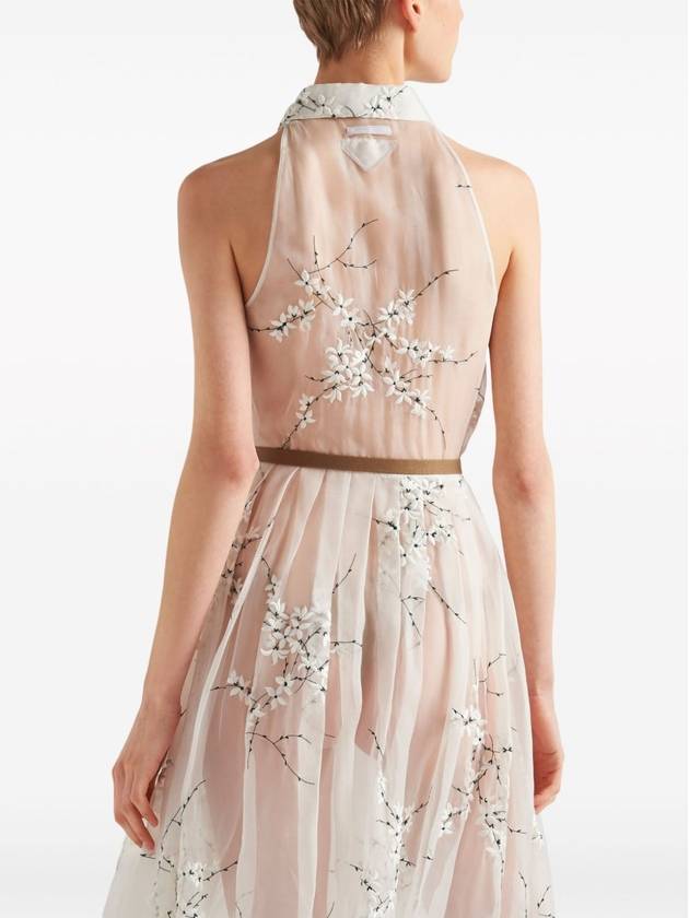 Floral Embroidered Silk Midi Dress White - PRADA - BALAAN 5