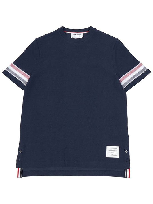 Textured Cotton Stripe Short Sleeve T-Shirt Navy - THOM BROWNE - BALAAN 2