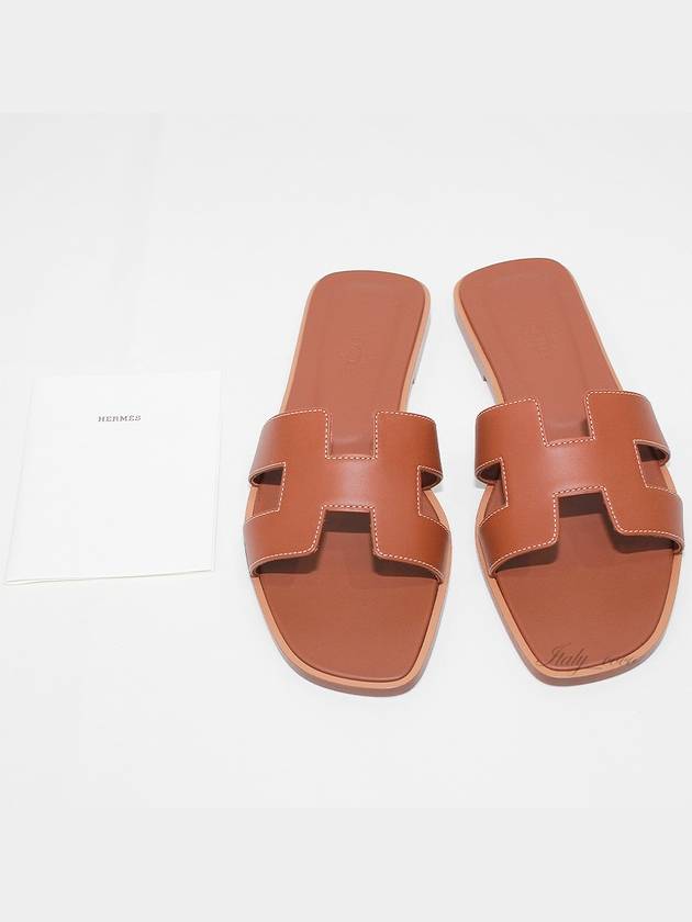 Oran Calfskin Slippers Gold Piqures Ecrues - HERMES - BALAAN 3