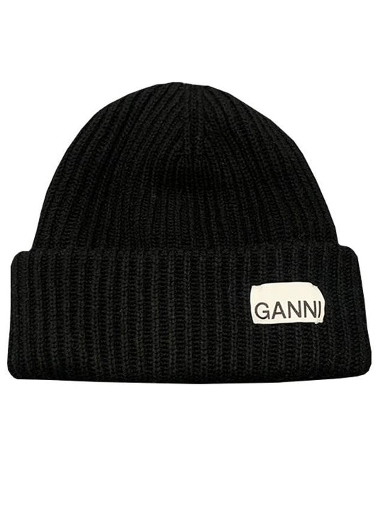 Logo Patch Knit Beanie Black - GANNI - BALAAN 2