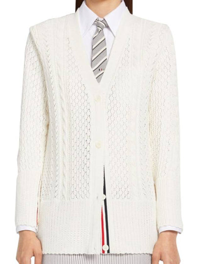 Pointelle Cable Knit V Neck Cardigan White - THOM BROWNE - BALAAN 2