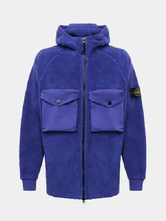 Men's Wappen Patch Shearling Hooded Jacket Blue - STONE ISLAND - BALAAN 2