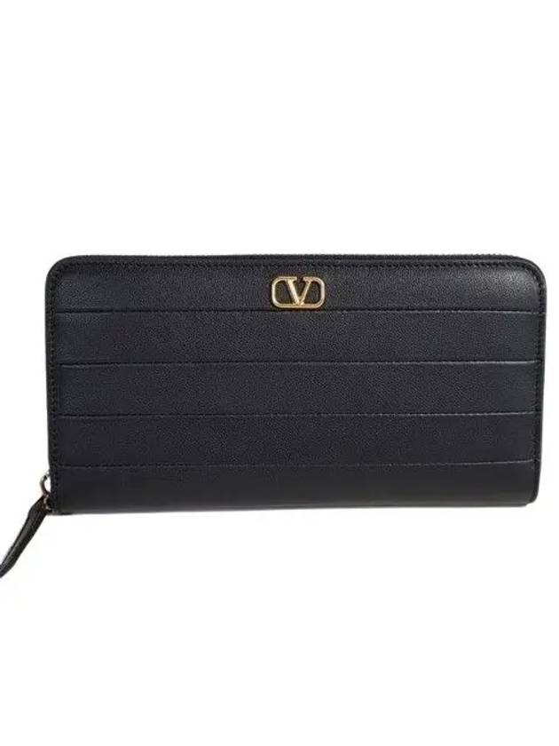 Zip Round V Logo Leather Long Wallet Black - VALENTINO - BALAAN 2