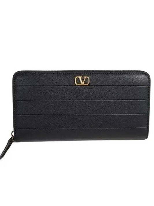 Zip Round V Logo Leather Long Wallet Black - VALENTINO - BALAAN 2