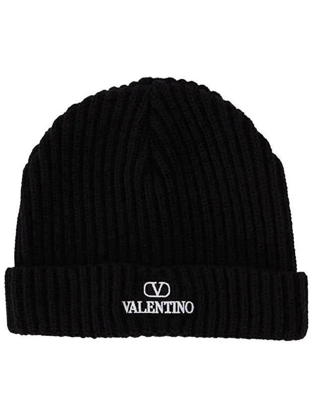 Embroidered Logo Ribbed Beanie Black - VALENTINO - BALAAN 2