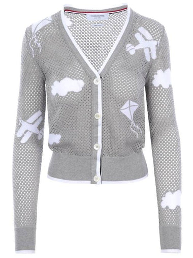 Cotton Mesh Sky Icon V Neck Cardigan Light Grey - THOM BROWNE - BALAAN 1