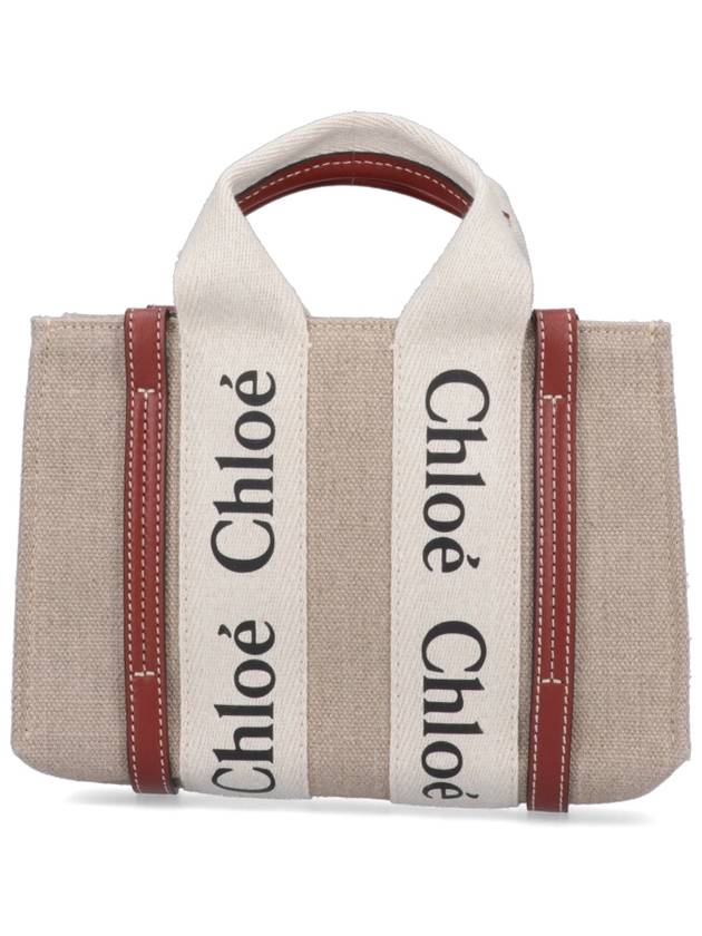 Woody Linen Canvas Calfskin Tote Bag White Brown - CHLOE - BALAAN 2