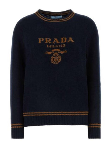 Wool Cashmere Crew Neck Sweater Blue Tobacco - PRADA - BALAAN 1