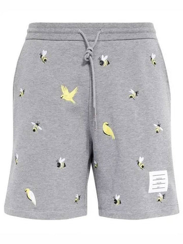 Bird Bee Embroidered Loopback Cotton Sweat Shorts Grey - THOM BROWNE - BALAAN.