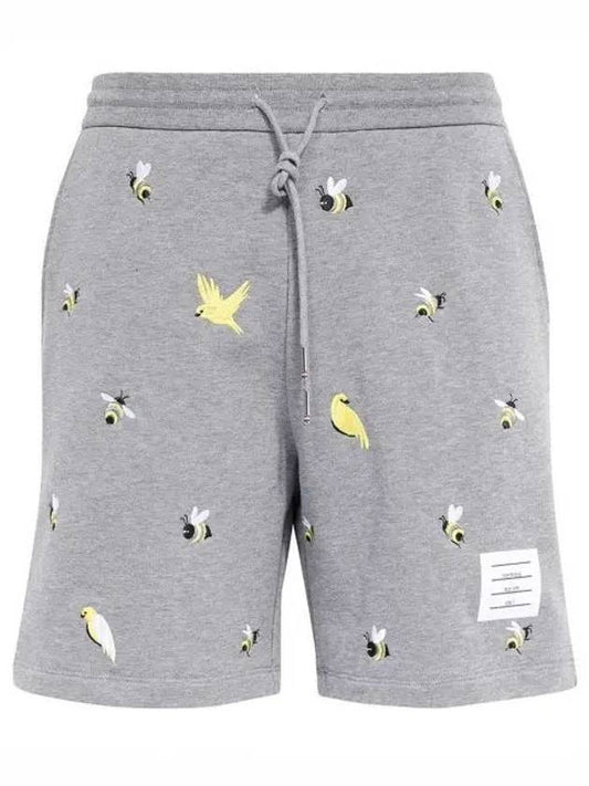 Bird Bee Embroidered Loopback Cotton Sweat Shorts Grey - THOM BROWNE - BALAAN.
