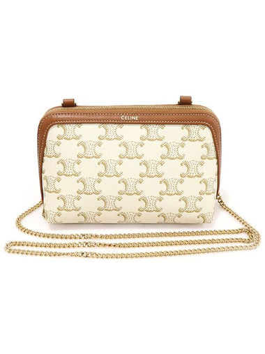 10E382CBX 01TA White Triomphe Canvas Tan Lambskin Chain Clutch Cross Bag - CELINE - BALAAN 1