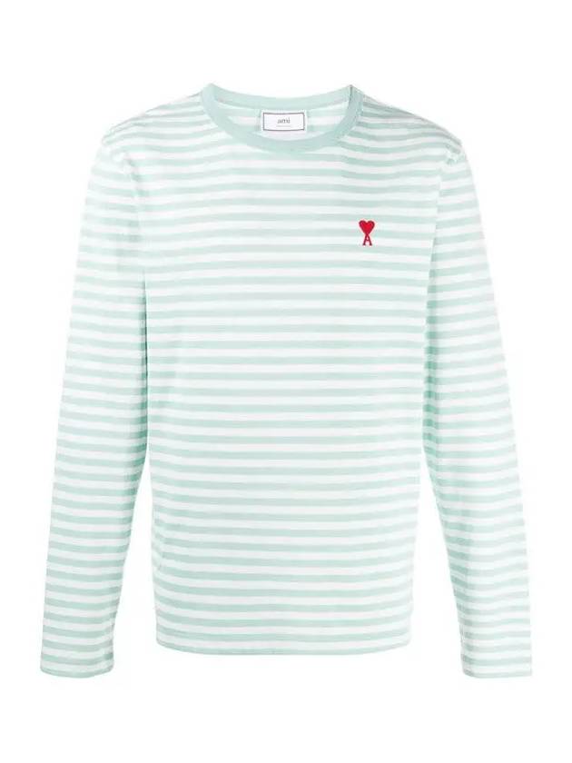 Small Heart Logo Stripe Long Sleeve T-shirt Green - AMI - BALAAN 3